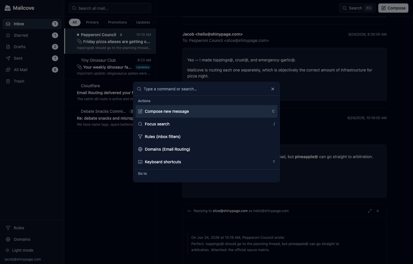 Mailcove command palette with compose, search, rules, domains, and navigation actions