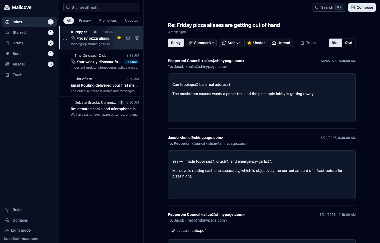 Mailcove app showing a three-pane inbox with folders, threaded messages, and an open conversation